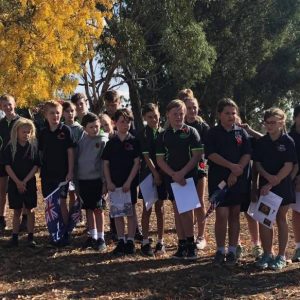 Greta Valley PS at Greta Cemetery 23 April 2019 with Headmaster Howard Gibson