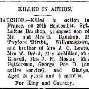 BAUCHOP LR death notice Wangaratta Chronicle 9 October 1918 BAUCHOP LR death notice Wangaratta Chronicle 9 October 1918