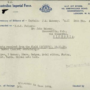Effects received by the father of John Austin Mahoney KIA 1918 Effects received by the father of John Austin Mahoney KIA 1918