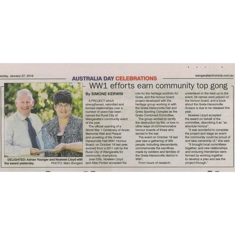 Gathering Place Award pg 2 Wangaratta Chronicle 27 January 2016