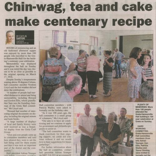Greta Hansonvill Hall Centenary Celebration Wangaratta Chronicle 16 March 2016