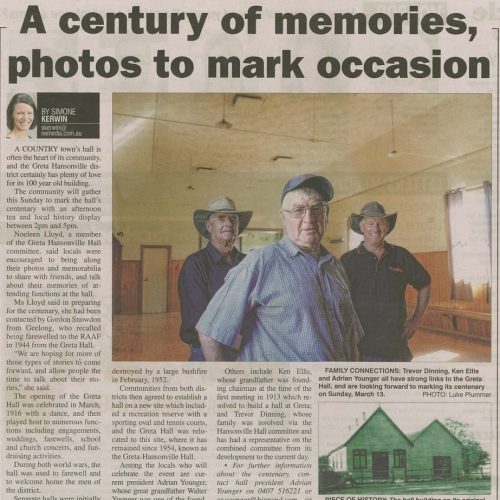 Greta Hansonville Hall turns 100 Wangaratta Chronicle 9 March 2016